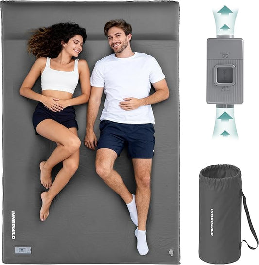 Double Camping Sleeping Pad with Electric Pump, 3.15" Thick 2 Person Self Inflating Memory Foam Mattress Pad with Pillow, Portable Sleeping Mat for Travel, Car, Tent, Home - Grey, Full Size