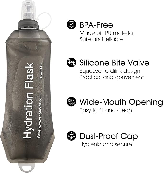 GYGYL Soft Flask, TPU Collapsible Soft Water Bottle for Hydration Pack, Running Vest, Leak-Proof Folding Water Bottle for Hiking Cycling Climbing Jogging-150ml Grey, 2pcs