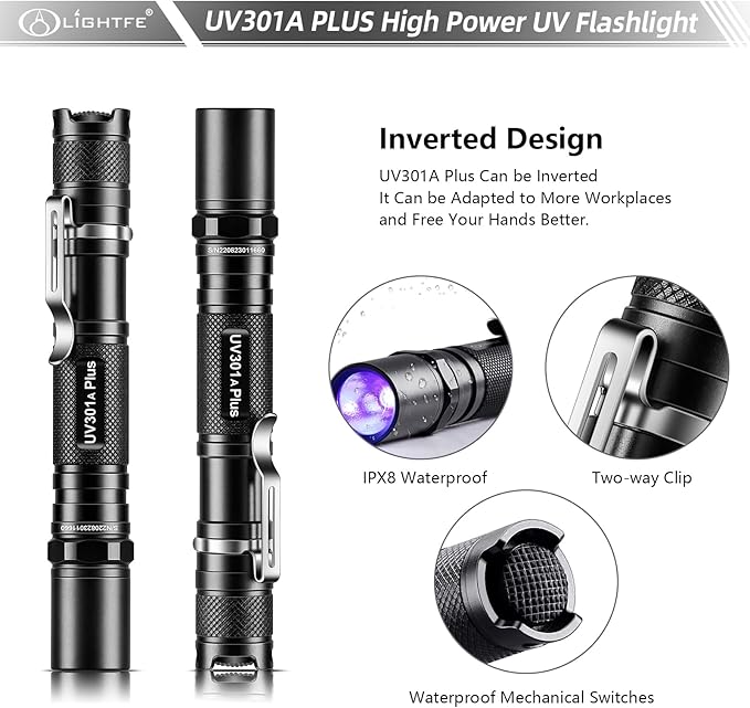 LIGHTFE Blacklight 395nm UV Flashlight UV301A-Plus with SSC UV LED, Pure Beam for UV Glue Curing Light, Rock and Mineral Fluorescent Glowing, Pet Urine Detector Light, AC Leak Detector