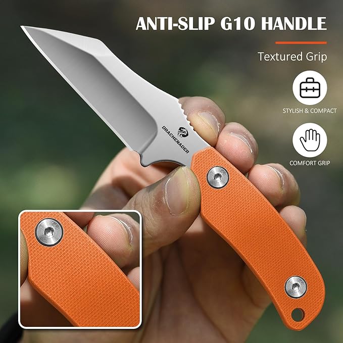 X-WH 5.78" Neck Knife with Kydex Sheath, D2 Steel Blade Silver Fixed Blade Knife with G10 Handle for Men, EDC Horizontal Carry