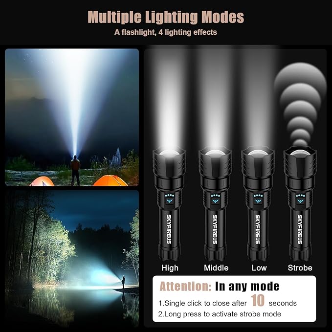 SKYFIRE LED Flashlight High Lumens,2000lm Super Bright Rechargeable Flashlight,Zoomable,Four Modes,Waterproof Flash Light for Camping Essentials,Outdoor and Home Emergencies&Gifts-No Lens