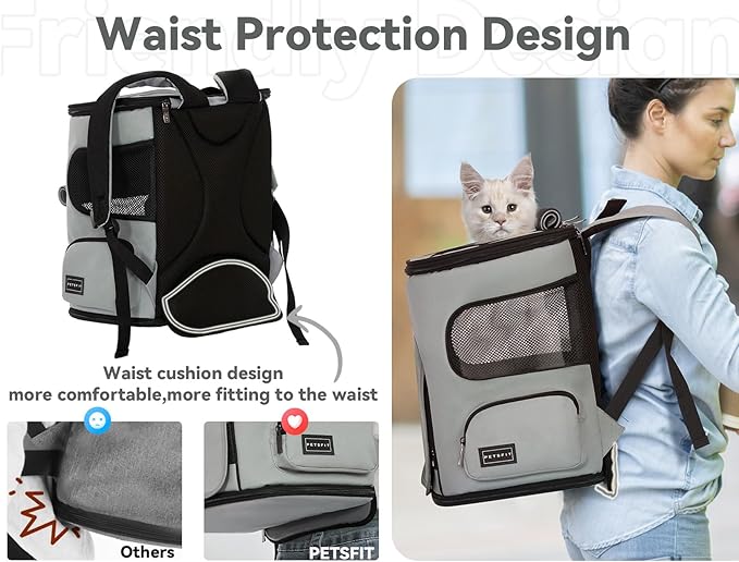 PETSFIT Cat Carrier Backpack with Upgraded Waist Protection, Pet Carrier Backpack Designed for Small Dogs/Cats, Fully Ventilated Collapsible Dog Backpack for Outdoor Traveling Hiking Camping,Grey