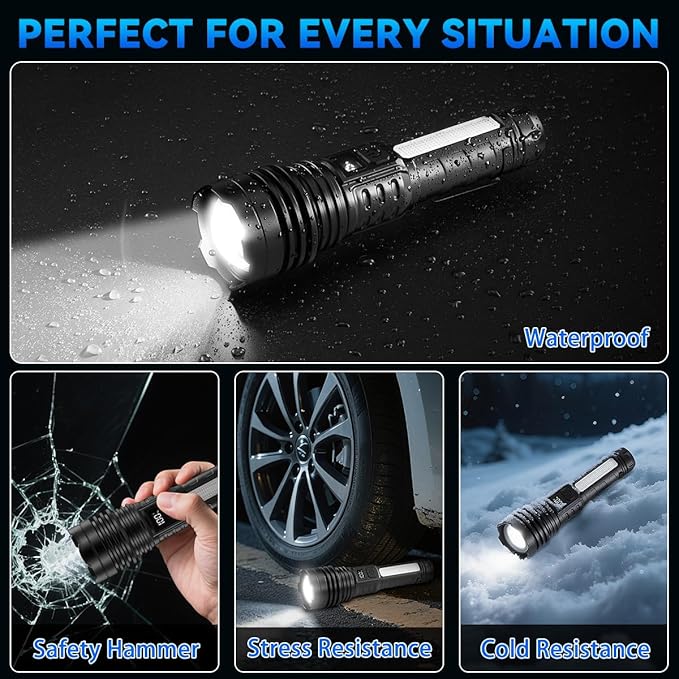 4Pack Flashlights High Lumens 9900FL, 7Mode Flashlight Rechargeable with LCD Digital Display, Rechargeable Flashlights with COB Light, Adjustable Super Bright Flashlight, Powerful Tactical Flash Light