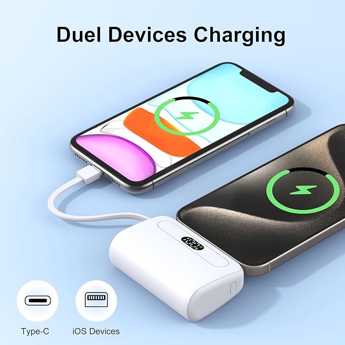 12000mAh Power Bank Mini Portable Charger with Lightning and USB-C Ports LCD Display Battery Pack Compatible with iPhone and Android Smartphone