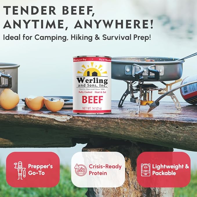 Werling Meat Canned Beef 14.5 Oz – Fully Cooked, Heat & Eat | Shelf Stable Canned Meat for Pantry Staples, Everyday Meals, Camping, Hiking, Emergency & Survival | 5-Year Shelf Life | Pack of 6