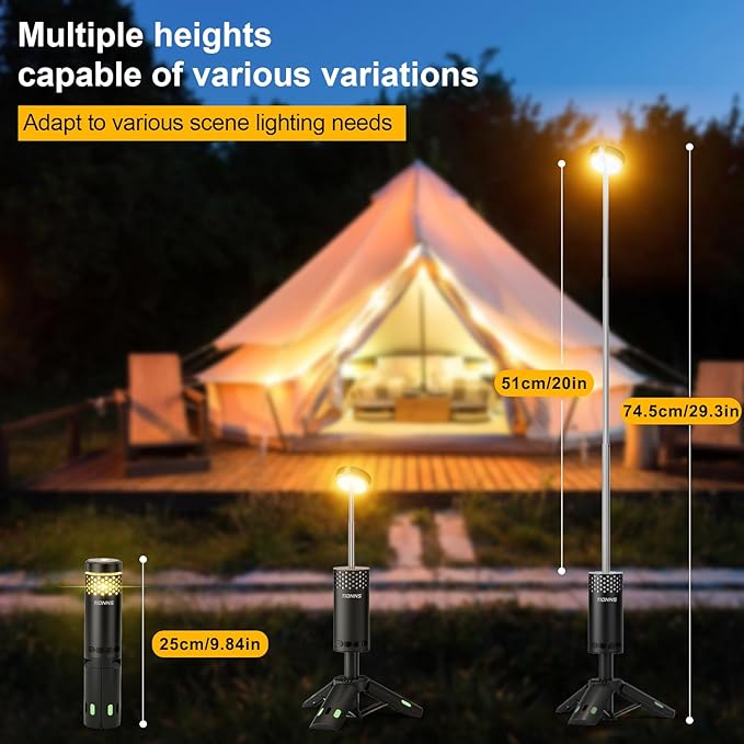 Camping Lights Rechargeable, Detachable Camping Lantern with Stand, Telescopic Waterproof Camp Lamp, Magnetic Work Hanging Light, LED Tent Flashlights for Emergency (Black)