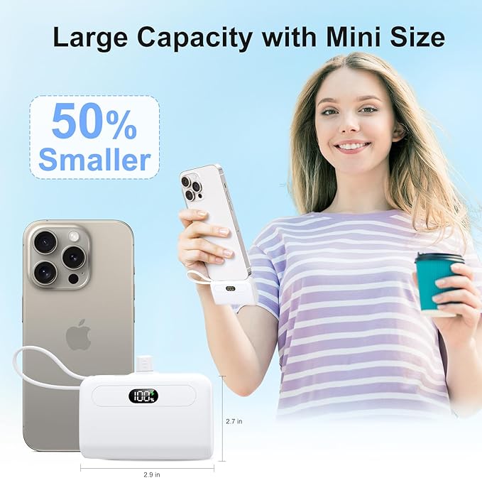 12000mAh Power Bank Mini Portable Charger with Lightning and USB-C Ports LCD Display Battery Pack Compatible with iPhone and Android Smartphone