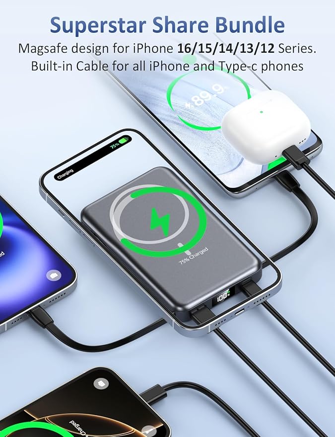 Magnetic Portable Charger, 10000mAh Power Bank, 5 in 1 Portable Charger with Built in Cable, 20W Fast Charging for Magsafe Battery Pack Compatible with iPhone 17/16/15/14/13/12 Pro/Pro Max Series