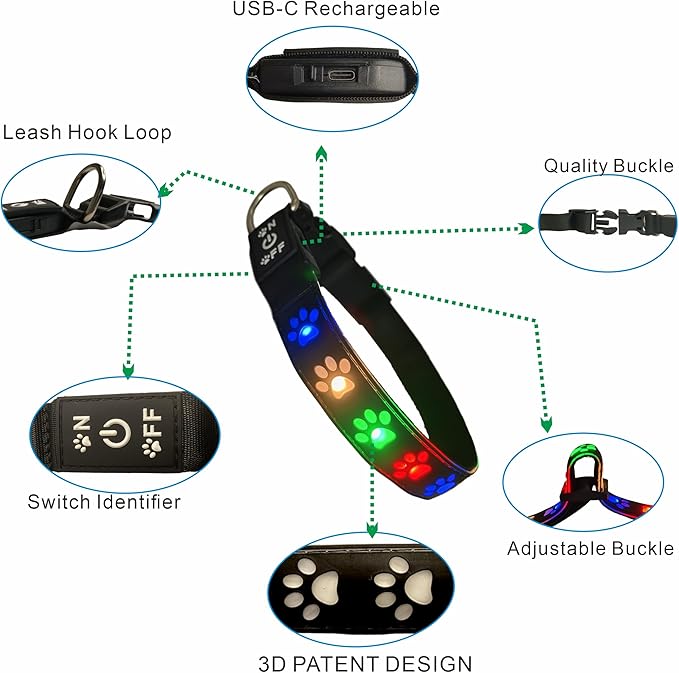 LED Light Up Dog Collar, USB-C Rechargeable, Multicolor Paw Print Design, 15 Modes Lighting Night Safety (Black Pro, L(15.7-19.7"))