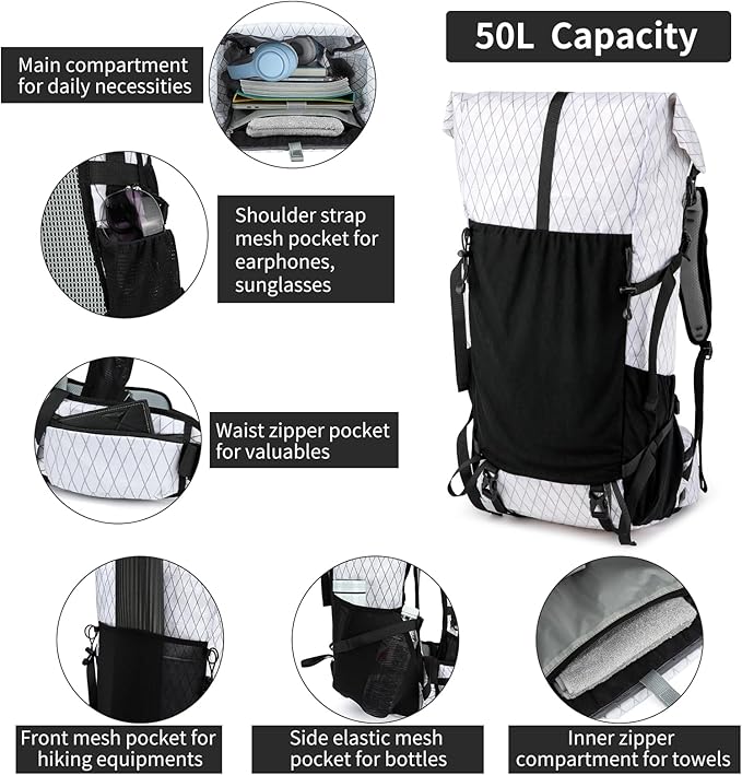 Hiking Backpack,40L to 50L Extra Large Capacity Hiking Bag,Internal Frame Camping Backpack,Upgraded X-PAC Lightweight Sport Daypack Travel Backpack Fit For Mountain Climbing Camping(White)