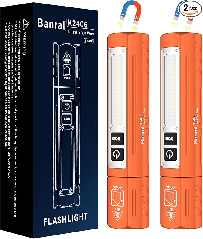 Rechargeable Tactical Flashlights High Lumens - Super Bright Small Powerful LED Magnetic USB C Flashlight, 8 Modes, Dual Button Waterproof Pocket Flash Light for Emergency, Car (2, Orange)