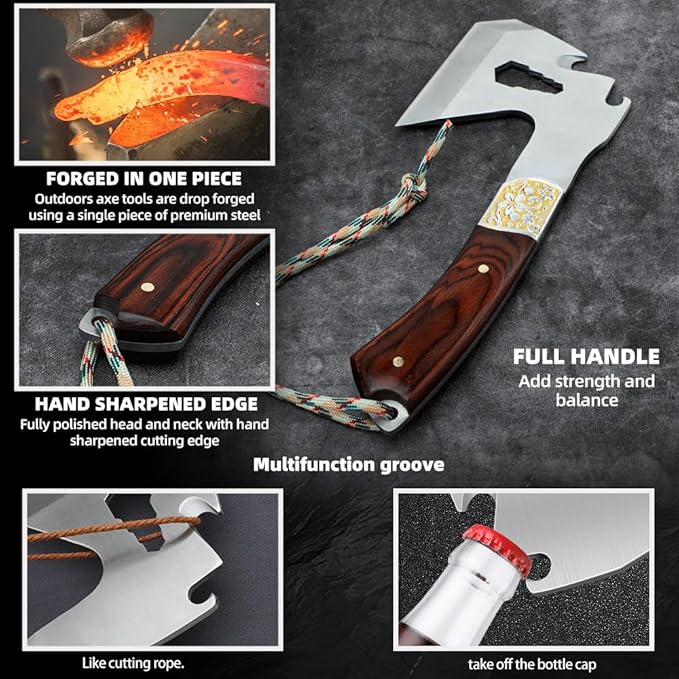 Camping Hatchet Camping Axe Forged High Carbon Steel for Meat Cleaver Axe Outdoor Splitting Wood Great for Axe Throwing, Camping, Survival, Outdoors and Chopping (734F)