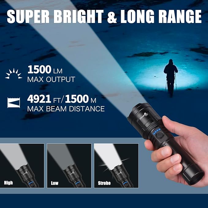 ULTRAFIRE Flashlights High Lumens with Ignition Lens, 1500 LM Super Bright Zoomable Tactical Flashlight with Holster, Reverse Charging, 3 Modes LED Rechargeable Flash Light for Camping, Emergency