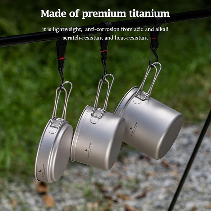 iBasingo Titanium Pot Pan Set with Folding Handle - Ultralight Portable Outdoor Cookware Mess Kit for Camping, Picnic, Travel & Backpacking (1080ml Soup Pot, 900ml Cup, 500ml Frying Pan)