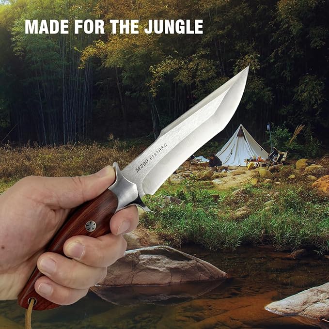 M390 Steel Handmade Hunting Knife, Fixed Blade Full-Tang with Leather Sheath, Red Wood Non-Slip Handle - Survival, Tactical, Camping knives