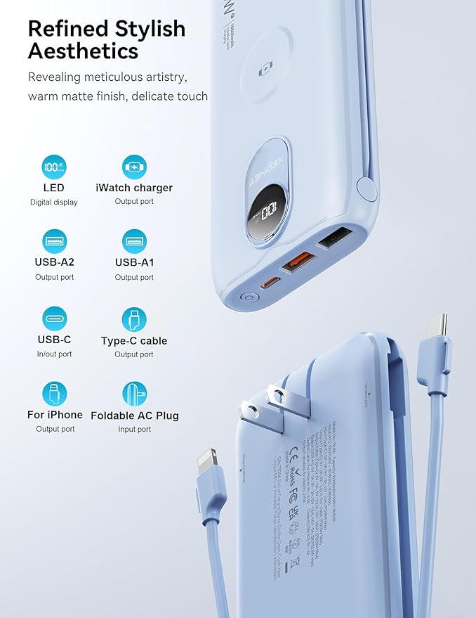 Portable Charger, 10000mAh 22.5W USB C Power Bank Built in Cables, AC Wall Plug and Led Display, External Battery Pack Fast Charging, Travel Essentials for iPhone, Android Cell Phone, Tablet, iWatch