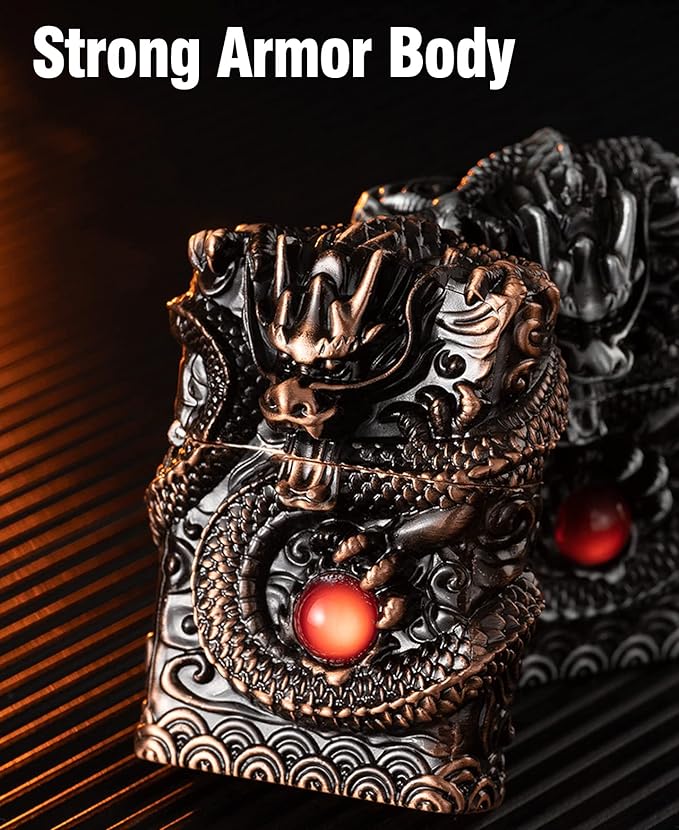 Cool Lighters, Windproof Carving Dragon Antique Lighter, Reusable Kerosene Grinding Wheel Lighter for Collection, Decorative, Gift, Present (Without Fuel) (Bronze)