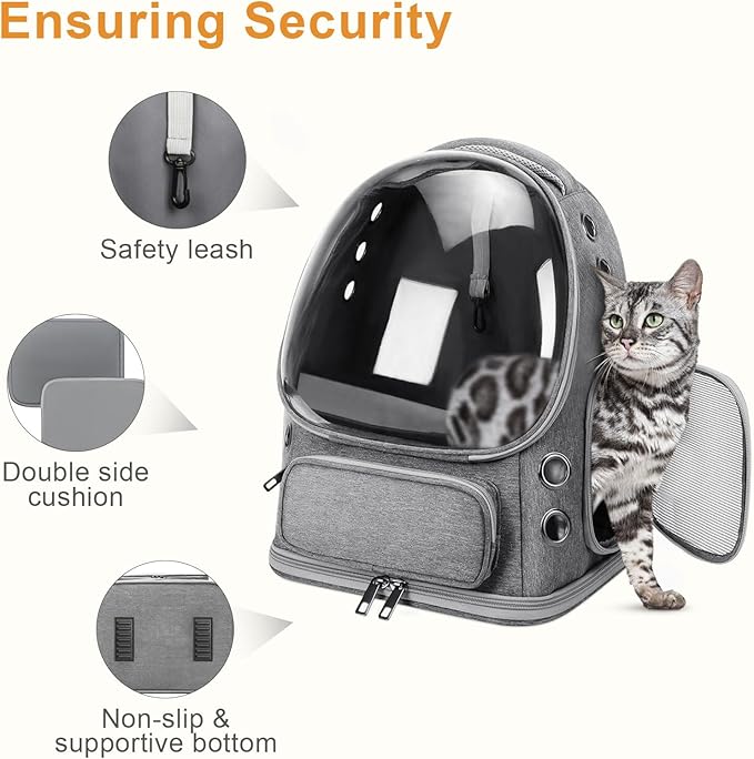 Cat Backpack Carrier, Breathable Cat Bubble Backpack Large Space Cat Carrier Backpack for Kitty Small Dog, Foldable Airline Approved Cats Backpack, Transparent Pet Travel Backpack Up to 20 lbs (Grey)