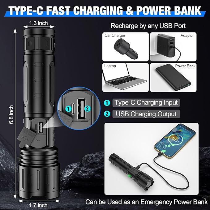 LED Flashlights High Lumens Rechargeable, Super Bright Powerful Flashlight, Type-C, 5 Modes, Zoomable, IPX5 Waterproof High Powered Tactical Flash Light for Emergency Camping Hiking