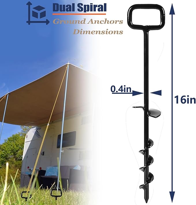 16In Tent Stakes with 12PCS Heavy Duty Adapter, Screw Ground Anchors, Tree Straightening Kit, Mobile Home Anchors (Black)