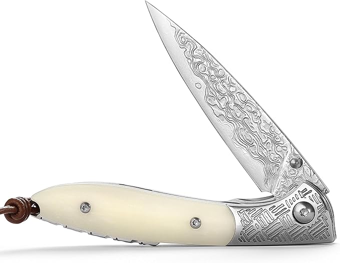 Handmade Damascus Folding Pocket Knife,Thumb Stud,3.15" Polished Blade & Steel Bolster, Liner Lock, White Bone Handle,Ceramic Bearings,EDC Knives Gift for Men.Piscis Austrinus-02W