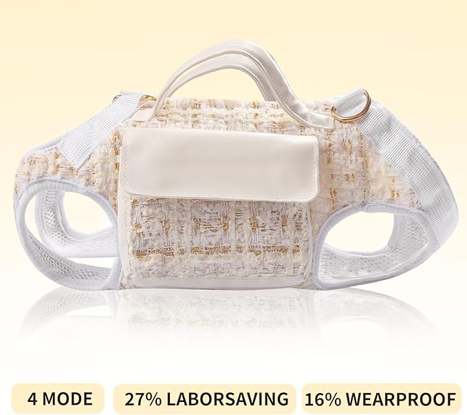 4 in 1 Convertible Dog Lift Harness Backpack, Portable Pet Carrier for Dogs&Cats, Horizontal Design Dog Carrier with Adjustable Back Straps, Dog Harness and Leash Set - White Medium