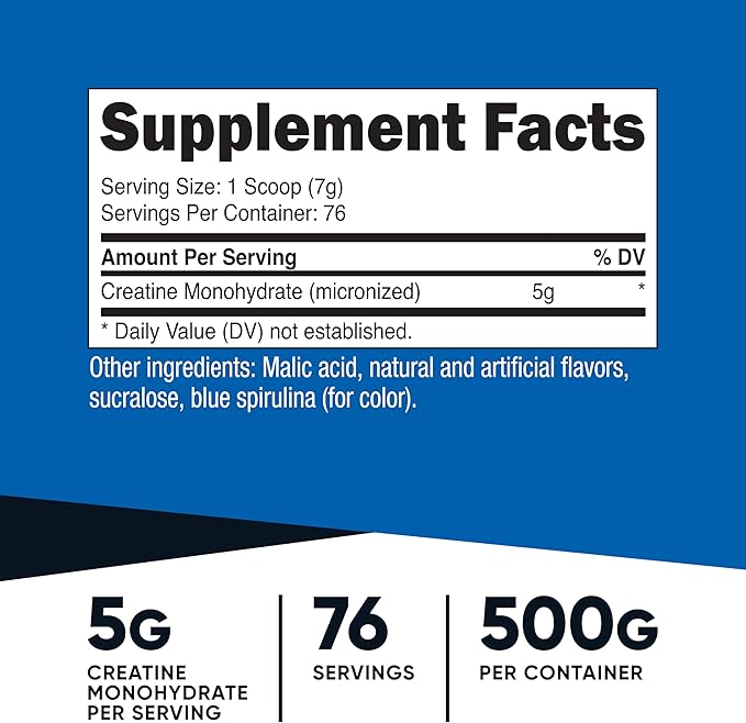 Nutricost Creatine Monohydrate Powder (Blue Raspberry), 500 Grams (1.1 LBS)