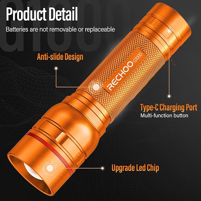 Rechargeable Flashlights High Lumens, G1000 Super Bright Flash Light Orange, Small Zoomable LED Flashlight with 3 Lighting Modes, Portable Tactical Flashlight for Camping Essentials (Battery Included)
