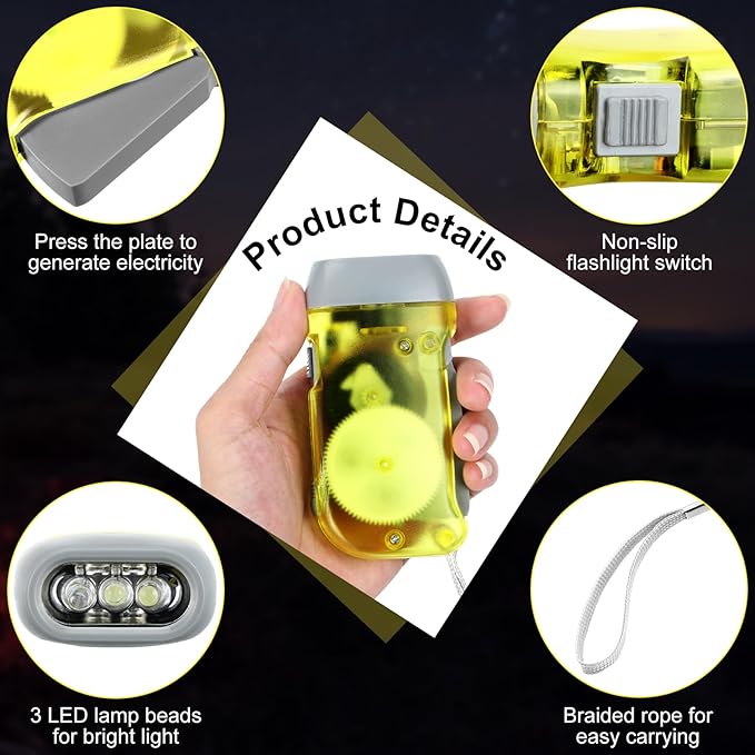 Treela 36 Pcs Hand Crank Flashlights Operation Christmas Bulk Items Squeeze Flashlight No Battery Required Torchlight 3 Powered Charging for Emergency(Red, Grey, Yellow, Green)