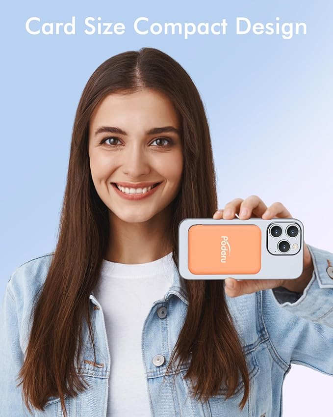 podoru for Magnetic Battery Pack, 5000mAh Magnetic Power Bank with Type-C Cable 20W PD Fast Charging Lighting Input Wireless Portable Charger for iPhone 17/16/15/14/13/12/ All Series-Orange
