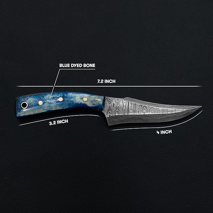 Titan International Knives 7.2" Damascus Hunting Skinning Knife | Handmade Fixed Blade 1095 4340 Carbon Mix Hand Pounded | Blue Dyed Bone Handle with Leather Sheath Perfect for Camping
