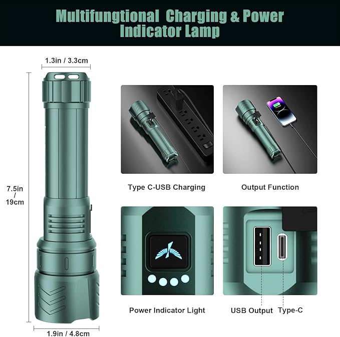SKYFIRE Rechargeable Flashlights High Lumens,LED Super Bright Flashlight,Zoomable,Power Bank Four Modes,Waterproof Flash Light for Camping Essentials,Outdoor and Home Emergencies-No Lens