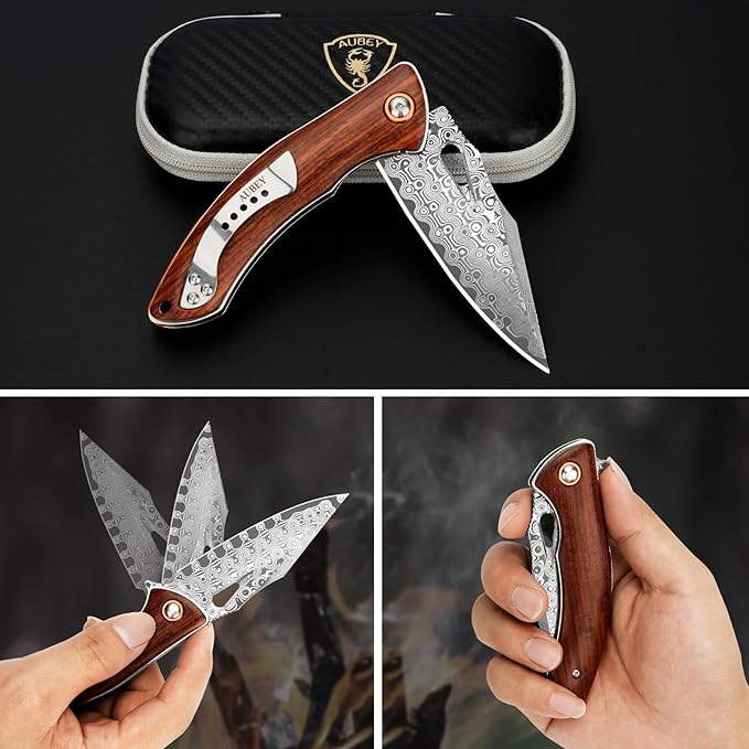 AUBEY Damascus Folding Knife with Clip, Pocket Knife with Wood Handle, EDC Knife for Outdoor Hiking Camping Collection (3.19" Blade)