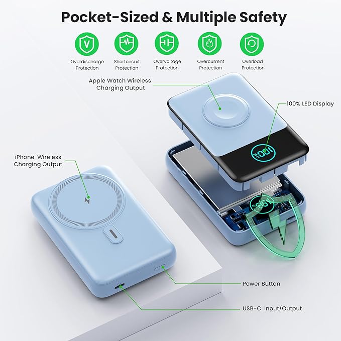 Magnetic Portable Charger for iPhone, 3-in-1 10800mAh Qi2 15W Wireless Power Bank with iWatch Charger,30W PD Fast Charging USB-C LCD Display Battery Pack for Magsafe,iPhone 17/16/15/14/13, Apple Watch
