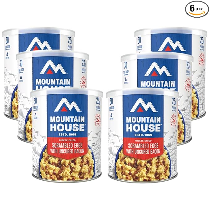 Mountain House Freeze Dried Scrambled Eggs with Uncured Bacon #10 Can ??9 Servings per Can ??Gluten-Free ??30-Year Shelf Life ??Emergency, Survival, Camping, Hunting & Backpacking Canned Food ??Pack of 6