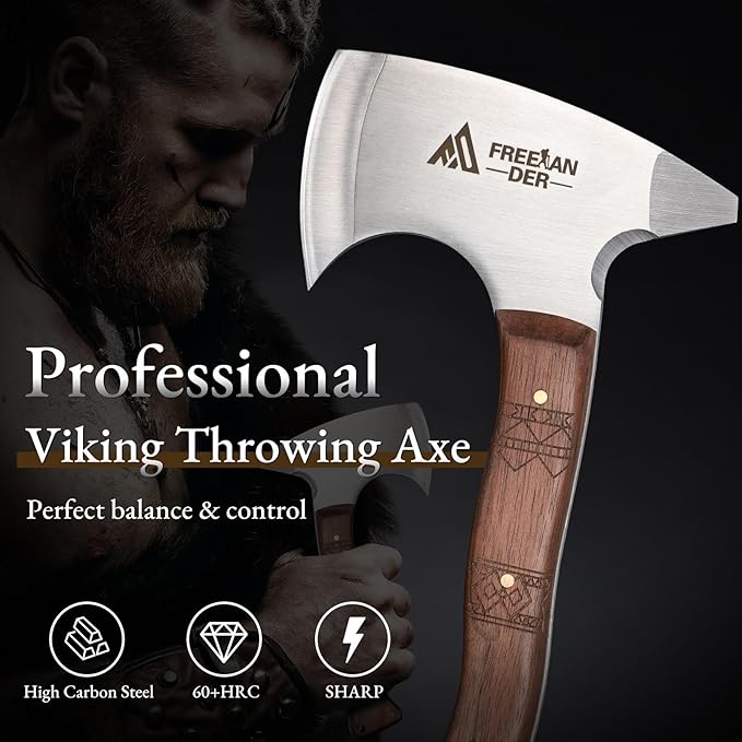 Freelander 8.3" Professional Throwing Axe with Wooden Handle, Full Tang Viking Throwing Hatchet for Adults