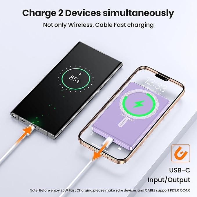 Magnetic Power Bank,Ultra Slim Wireless Portable Charger 10000mAh,20W PD Magnetic Power Bank Fast Charging,USB C in&Out Powerbank for iPhone 16/15/14/13/12 Pro Max