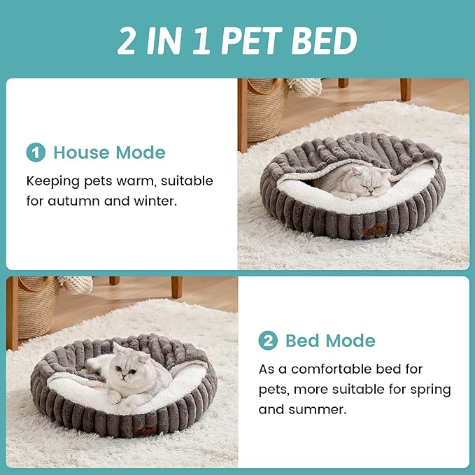 Cat Bed with Hooded Blanket, Round Fluffy Anti-Anxiety Pet Bed for Cats/Toy Breed Dogs, Cozy Donut Cuddler with Machine Washable Faux Fur & Anti-Slip Bottom(20"×20"×6",Grey)