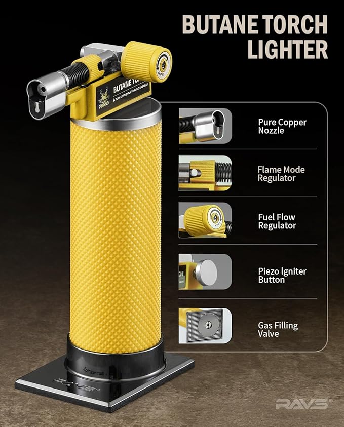 RAVS 2 Flame Mode Butane Torch Lighter, Refillable Kitchen Torch with Adjustable Flame and Safety Buckle, Yellow Jewelry Torch for Welding, Resin Art, Industrial, Butane Fuel not Include