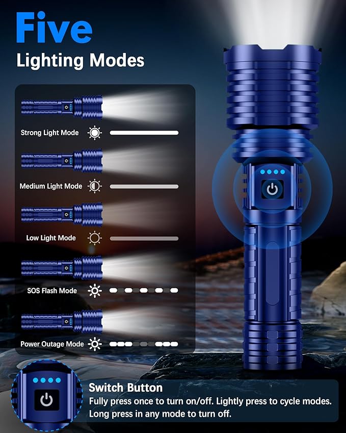 Super Bright Rechargeable LED Flashlights, 5000.000 True High Lumens, Powerful Tactical Flashlight Up to 25H Long Battery Life |Zoomable|5Light Modes|IP67 Water Resistant for Camping (Blue)