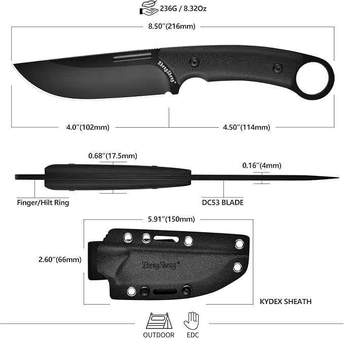 Fixed Blade Knife with Sheath, 4.0??DC53 Steel blade with Black Titanium Coating and G10 Handle Full Tang Outdoor Camping Hiking Survival Knives for Men Women