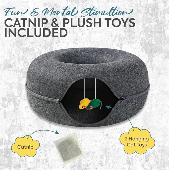 Laluz 2021 Large Cat Tunnel Bed for Indoor Cats Up to 30 Lbs Peekaboo Donut Cave with Catnip and Plush Toys Scratch Resistant Felt Design Detachable and Washable Cat Tunnel (Dark Grey, L)