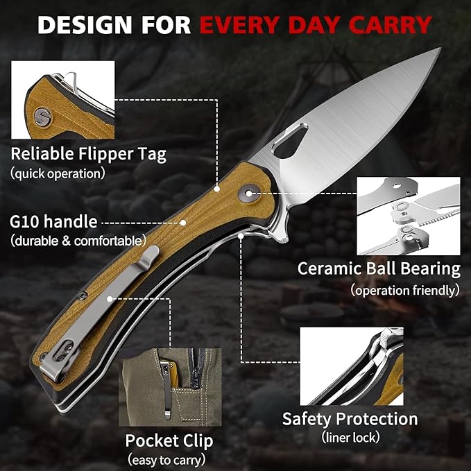 SHAN ZU Pocket Knife 3.2 in, Powder Steel Blade EDC Folding Knife for Men & Women, Utility Survival Knife with G10 Handle & Pocket Clip for Camping Fishing Hiking Hunting - Tan
