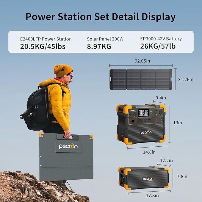 Pecron Portable Solar Power Station E2400LFP with 3072Wh Extra Battery, 300W Solar Panel*2, 2048Wh 2400W Solar Generator for RV, Camping, Home Use, CPAP, Travel, Compact Battery Backup Set
