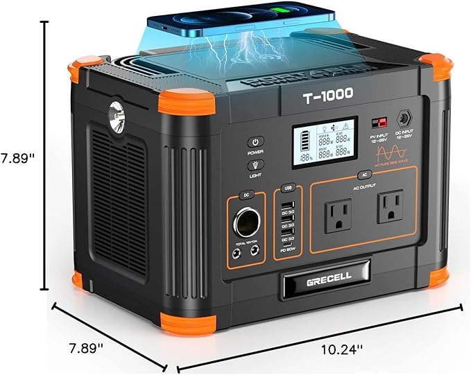 Portable Power Station 1000W (Peak 2000W), GRECELL 999Wh Solar Generator with 60W USB-C PD Output, 110V Pure Sine Wave AC Outlet Backup Lithium Battery for Outdoors Camping Travel Hunting Home