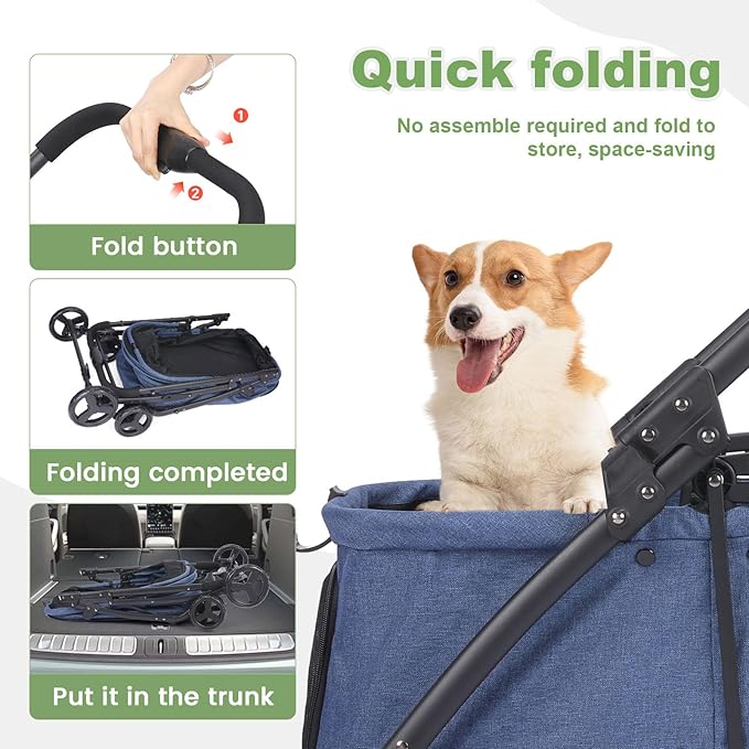 Dog Travel Stroller with 4 Heavy Duty Wheels, Lightweight Foldable Pet Stroller with Mesh Window - Large Capacity Jogger Wagon for Small Medium Dogs Outdoor (Navy)