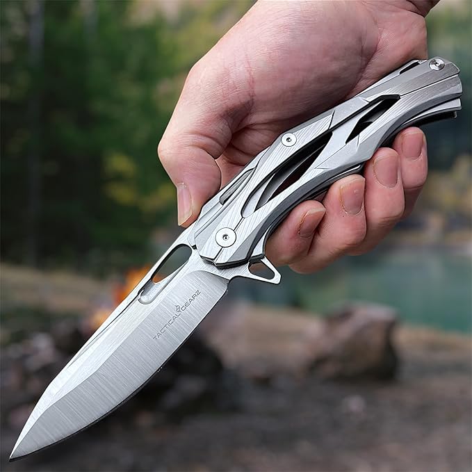 TACTICAL GEARZ Stainless Steel Pocket Knife, Brushed Nickel Stainless Steel Handle, D2 Steel Blade, Includes Sheath (Kronus)