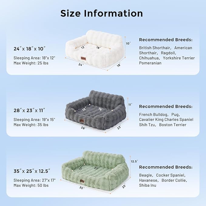 Orthopedic Cat Couch Bed for Indoor Cats, Cute Pet Sofa with Supportive Egg Foam, Fluffy Faux Fur Removable Washable Cover and Non-Slip Bottom, Ivory White
