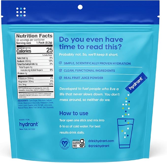 HYDRANT - Hydrate Electrolyte Powder, Lemon Lime Flavor, 30 Rapid Hydration Individual Stick Packs - Low Sugar Drink Mix for Daily Use, Travel & Workouts