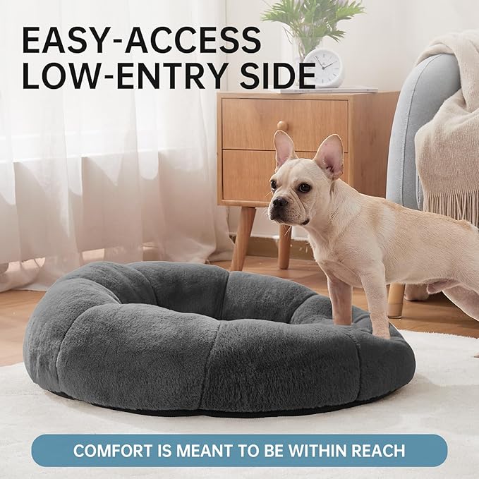 OhGeni 31 inches Calming Donut Orthopedic Dog & Cat Bed for Medium Pets, Warming Comfort Fluffy Short Pile Fur, Durable Waterproof Machine Washable Removable Cover, Round Bed for Puppy, Dark Gray